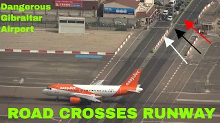 Gibraltar Road Crosses Runway at Airport, easyJet Flight Taxis over Road crossing Runway