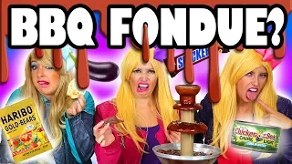 BBQ Fondue Challenge with Gummy Worms, Donuts & Unusual Foods. Totally TV