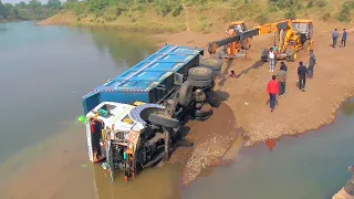 TATA Dump Truck Jumped in the River Pulling by 2 Cranes ACE Hydra Escort Hydra Crane Machine