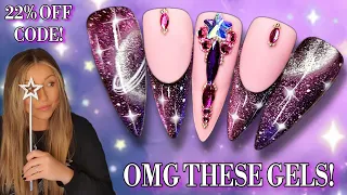 🌌 Easy Cateye Galaxy Nails | Cosmic Nail Art Design | Pink Purple Magnetic Cat Eye | Bling Moon Star