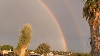 Monsoon 2015 - August 22, Tucson Arizona.  Gorgeous double rainbow highlights thunderstorm.