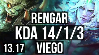 RENGAR vs VIEGO (JNG) | 14/1/3, 6 solo kills, 800+ games, 1.4M mastery | NA Grandmaster | 13.17