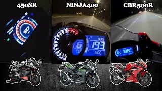 CFMOTO 450SR 🆚️ Kawasaki Ninja 400 🆚️ Honda CBR500R | Stock Acceleration Top Speed