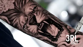 REALISTIC BLACK AND GREY LION TATTOO TIMELAPSE | 3 LINER ONLY