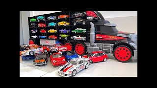 36 type Tomica Cars sliding down from big red truck Transporter