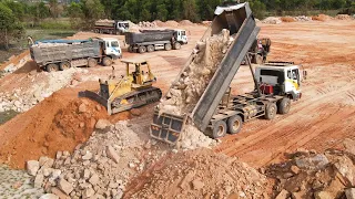 Ep33| Amazing Komatsu Dozers Operated Pushing Stone Process Big Filling Project
