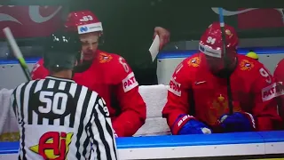 Ovechkin tackles Skjei over the board into Russia's bench
