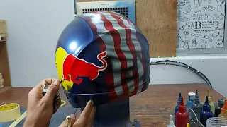 AIRBRUSH HELMET DESIGN RED BULL WITH FLAG AND LIGHTNING..