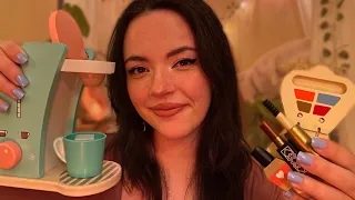 ASMR Wooden Makeup Roleplay & Coffee Shop (pampering, hairbrushing, toys, layered sounds)