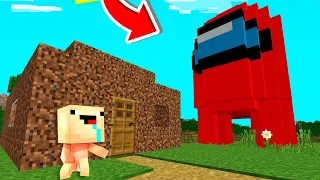 BEBE NOOB VS AMONG US GIGANTE A FUERA DE SU CASA EN MINECRAFT TROLL + ROLEPLAY