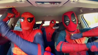 Two Spider-Man and Two Deadpool are dancing funny in the car