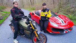 WE RACED! (Lamborghini Ducati Bike vs Ferrari 488 Pista)