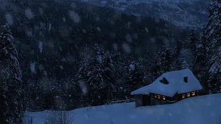 Relaxing Snow Falling and Wind Blowing Sounds in a Winter Landscape with an Old Cozy Mountain Cabin