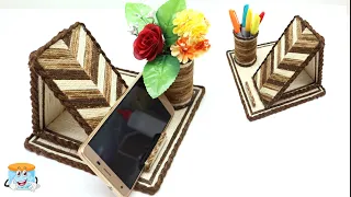 DIY phone stand. Crafts and needlework from jute