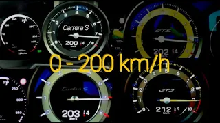 Porsche 992 911 GT3, Turbo S, GTS, Carrera S, Acceleration 0-200 km/h