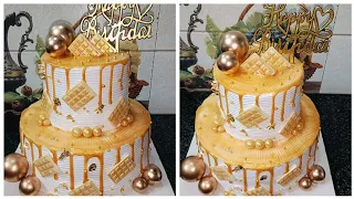 two tier cake recipe and decoration 💡❤️ homemade golden balls without chocolate 👍🫶