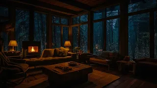 Gentle Rain Ambience in Cozy Cabin at midnight with Relaxing Fireplace Sounds