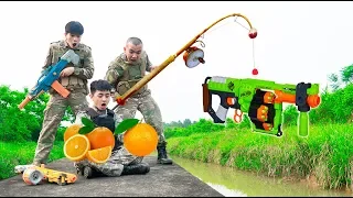 Battle Nerf War: Distributor & Blue Police Go fishing Nerf Guns Robbers Group TANGERINE BATTLE