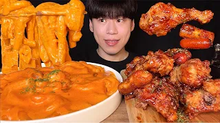 SUB)Korean bbq jamaican chicken & rose tteokbokki eating show│chicken & tteokbokki mukbang asmr