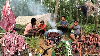 Making Buff Meat Dry in Jungle, Buffalo Sukuti Cooking & Eating in Nepali Style Survival Life Nepal