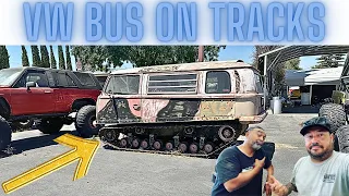 We find a Volkswagen bus on tank tracks
