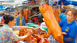 Amazing! Popular Roast Pig, Duck, Chicken, Cake, & More at Orussey Market - Cambodian Street Food