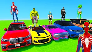 SPIDERMAN CARS Racing ZIG ZAG Ramp Challenge ! SUPERHEROES HULK Epic Stunt Race by GOKU BMW - GTA 5