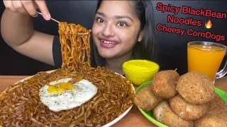 SPICY BLACK BEAN NOODLES 🔥 AND CHEESY CORN DOGS WITH CHEESE SAUCE | BIG BITES | FOOD EATING VIDEOS