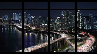 [HD 3시간]빔프로젝터 창문｜서울 한강 야경 영상🎞｜Playlist｜fake window｜공부할때 좋은 피아노 감성 음악 BGM♬