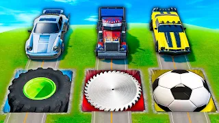 Mega Pits with Monster Truck & Saw & Soccer Wheels vs Bumblebee & Optimus Prime and Transformers!