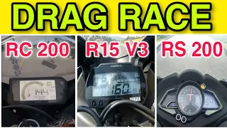 R15 V3 vs RC200 vs RS200 Drag Race | R15 v3 Top Speed bs6 | RC200 Top Speed bs6 | RS200 bs6
