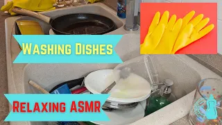 Washing Dishes With Red - Yellow Rubber Gloves | ASMR