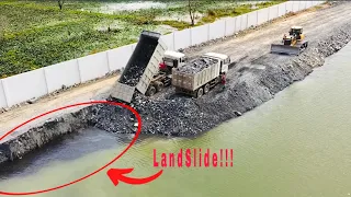 Crazy LandSlide!!Bulldozer,Dump Truck Working Hard Try To Complete The Road On The Side Of The Lake