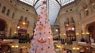🎄Christmas & New Year lights walking tour, GUM, Moscow, Russia 4K.