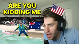 6 YEAR OLD Aussie Surfing Girl embarrasses every one else on the waves (American reaction)