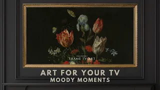 Framed TV Art Screensaver 4K - Vintage Still life Moody Floral Wallpaper Background - No Sound