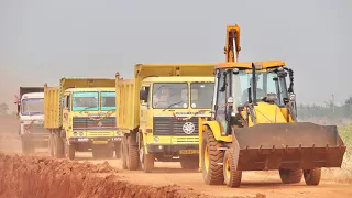 JCB 3dx Backhoe Loading Mud in 2 Ashok Leyland 2518, Tata 2518 and Tata 3525 Hyva Truck