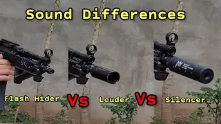Sound Comparison between flash hider, louder, and silencer airsoft