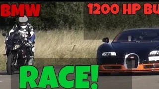 1200 HP Bugatti Veyron Vitesse vs BMW S1000RR x 3 RACES including EXTERIOR view!