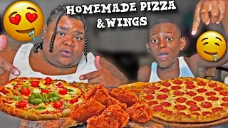 HOME MADE PIZZA AND WINGS MUKBANG | LOGYAN DOESNT LIKE HIS TEACHER 🤦🏾‍♀️😳