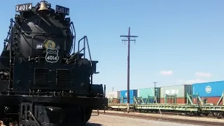 Big Boy whistle battle with passing freight train