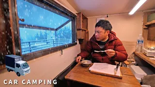 ［冬の車中泊旅］深夜の大雪で車が埋もれて帰れなくなる💦新しく変わった自作の軽トラキャンピングカーでひとり車中泊。｜146