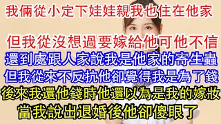 我倆從小定下娃娃親我也住在他家，但我從沒想過要嫁給他可他不信，還到處跟人家說我是他家的寄生蟲，但我從來不反抗他卻覺得我是為了錢，後來我還他錢時他還以為是我的嫁妝，當我說出退婚後他卻傻眼了。