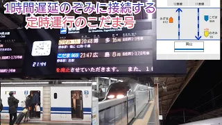 【山陽新幹線早朝人身事故遅延・ようやく1時間未満❕】のぞみ55号が1時間に縮むも遅れは継続して到着し更に後続の定時運行のこだま869号にも接続/3月9日撮影