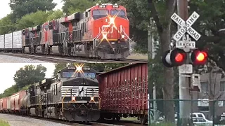 Epic race of CN & NS long mixed freight trains + railroad crossing in Elmwood Park, Il