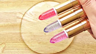 Satisfying Slime Coloring with Makeup! Mixing 3 Glitter Lipsticks into Clear Slime!