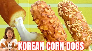 How to make Korean Corn Dogs at home: Mozzarella Cheese, CRUNCHY Ramen & Potato Corn Dogs 핫도그