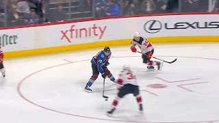 Nathan MacKinnon weaves in and out of Devils defense on Barrie's goal