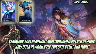 February 2021 Starlight Skin Confirmed, Franco & Hayabusa Revamp, Free Epic skin event & more| MLBB