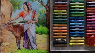 How to draw a village woman & cow with scenery #viral #pastel #villagewomen #villagelife #subjectart